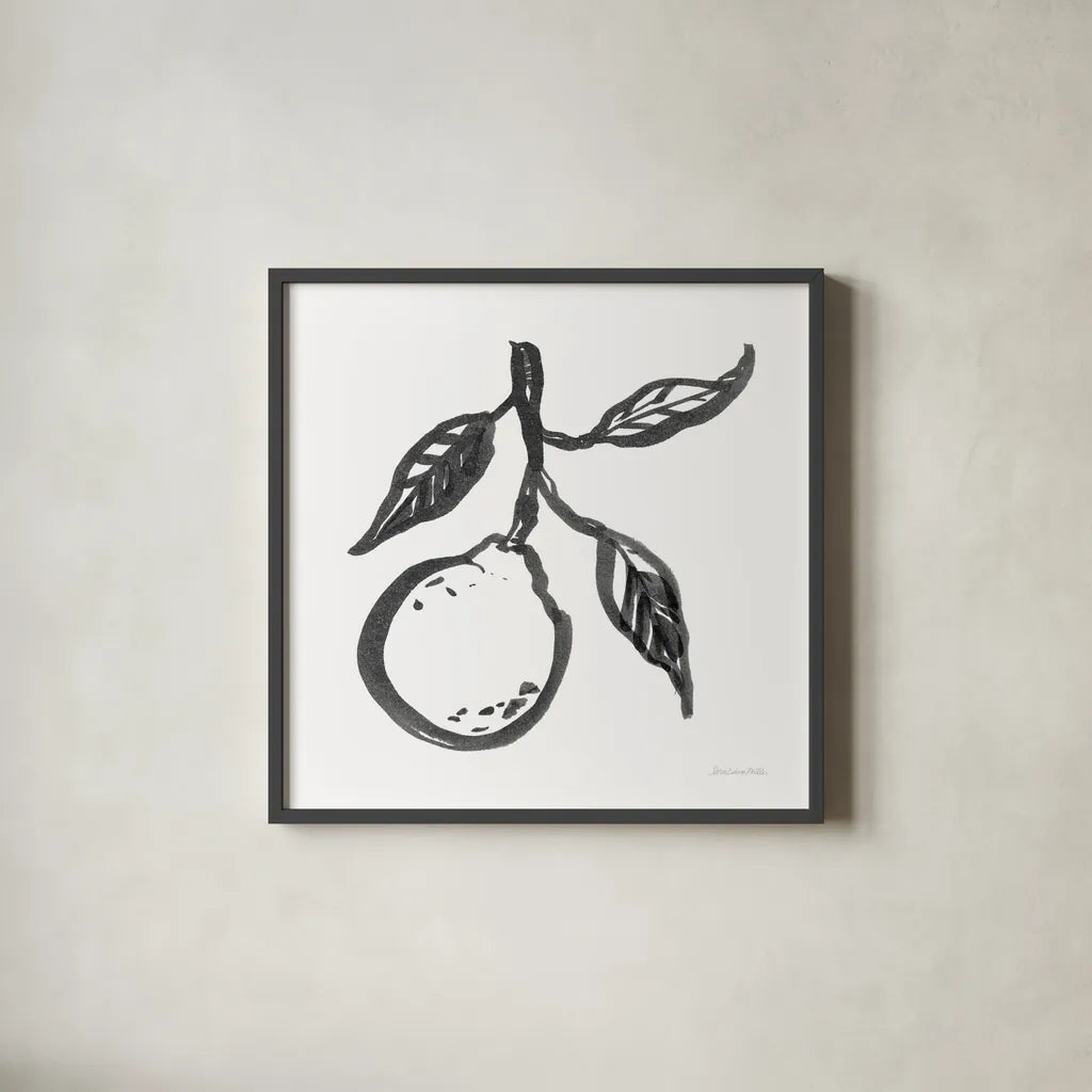 Ink Orange II by Sara Zieve Miller. Shown in a sleek black glass frame for a contemporary gallery look. Available as an archival giclee rolled canvas, fine art paper, or poster print. SKU 67963a.