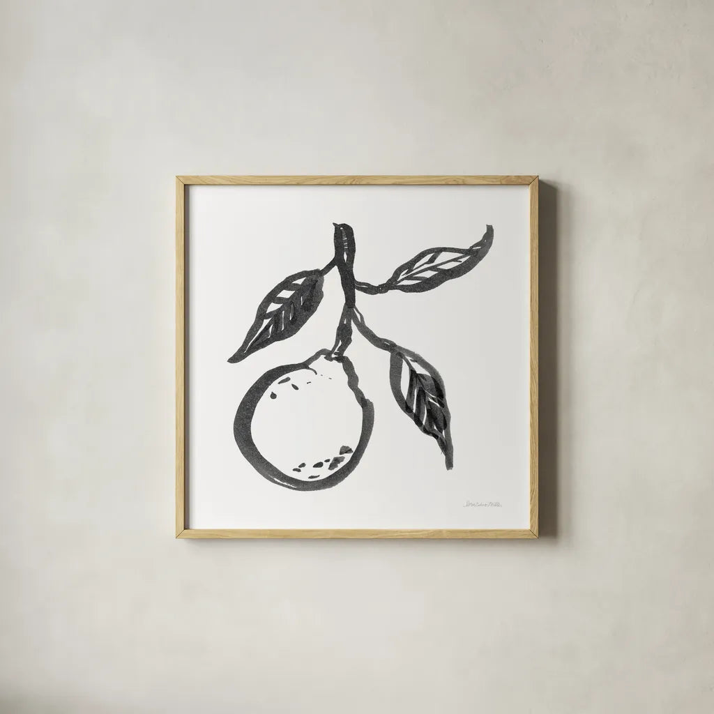 Ink Orange II by Sara Zieve Miller. Shown in a natural wood glass frame for a timeless modern aesthetic. Available as an archival giclee rolled canvas, fine art paper, or poster print. SKU 67963a.