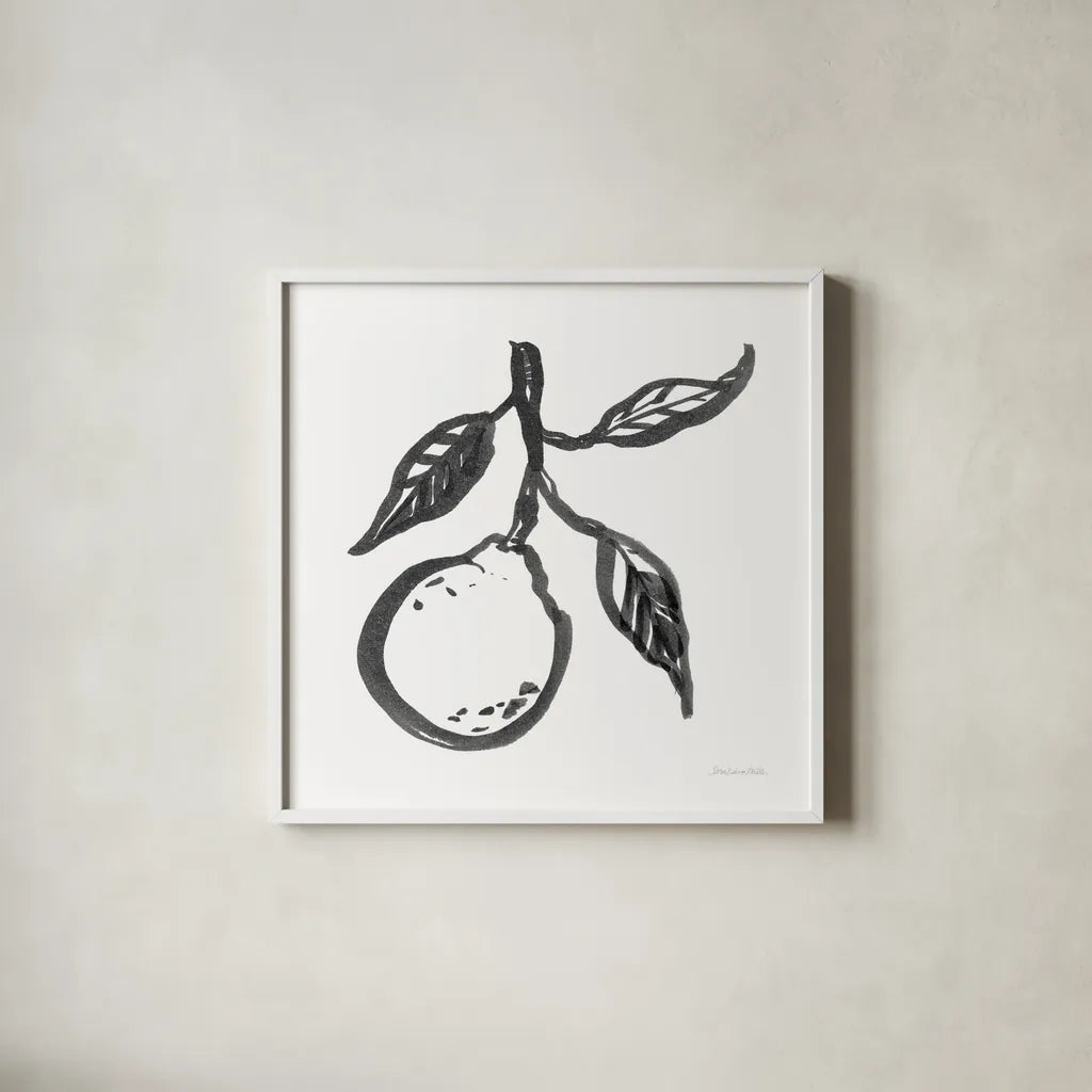 Ink Orange II by Sara Zieve Miller. Shown in a crisp white glass frame for a clean and minimalist style. Available as an archival giclee rolled canvas, fine art paper, or poster print. SKU 67963a.