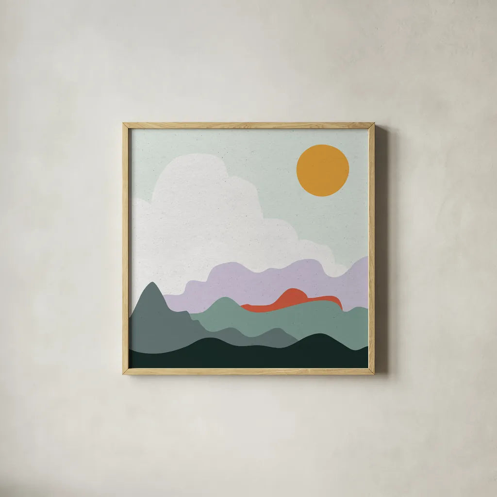 Mountainous I by Sara Zieve Miller. Shown in a natural wood glass frame for a timeless modern aesthetic. Available as an archival giclee rolled canvas, fine art paper, or poster print. SKU 65390a.