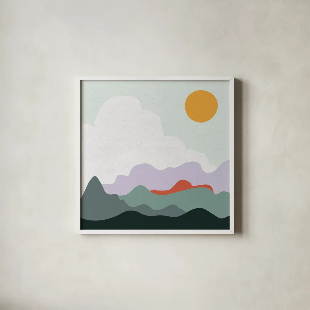 Mountainous I by Sara Zieve Miller. Shown in a crisp white glass frame for a clean and minimalist style. Available as an archival giclee rolled canvas, fine art paper, or poster print. SKU 65390a.