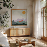 Mountainous I by Sara Zieve Miller. Shown in a natural wood frame in a cozy modern living room. Available as an archival giclee rolled canvas, fine art paper, or poster print. SKU 65390a.