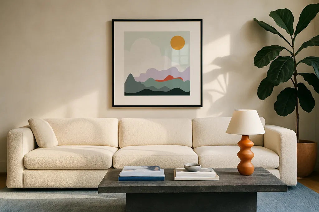 Mountainous I by Sara Zieve Miller. Displayed in a glass frame with matte in a clean modern living room. Available as an archival giclee rolled canvas, fine art paper, or poster print. SKU 65390a.