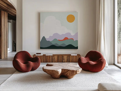 Mountainous I by Sara Zieve Miller. Shown as extra-large giant wall art in a modern living room. Available as an archival giclee rolled canvas, fine art paper, or poster print. SKU 65390a.