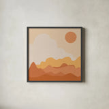 Mountainous I Orange by Sara Zieve Miller. Shown in a sleek black glass frame for a contemporary gallery look. Available as an archival giclee rolled canvas, fine art paper, or poster print. SKU 70261a.