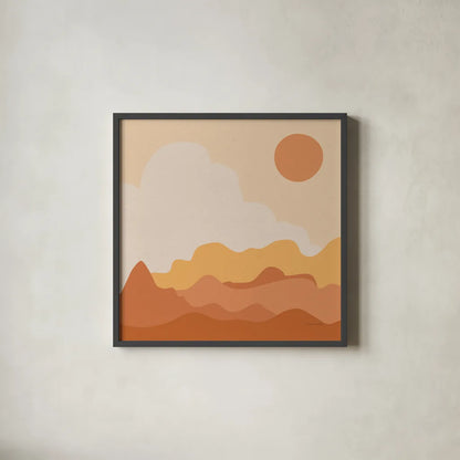 Mountainous I Orange by Sara Zieve Miller. Shown in a sleek black glass frame for a contemporary gallery look. Available as an archival giclee rolled canvas, fine art paper, or poster print. SKU 70261a.