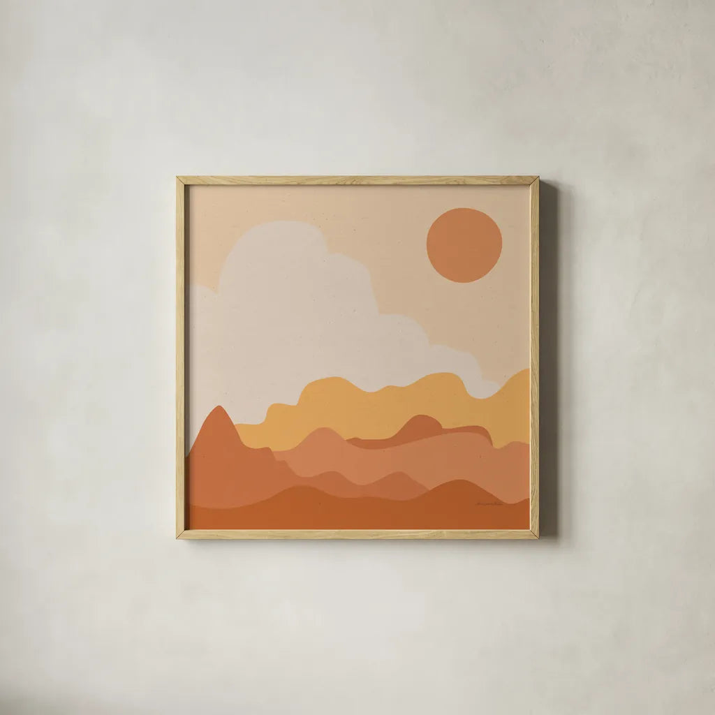 Mountainous I Orange by Sara Zieve Miller. Shown in a natural wood glass frame for a timeless modern aesthetic. Available as an archival giclee rolled canvas, fine art paper, or poster print. SKU 70261a.