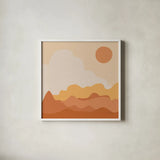 Mountainous I Orange by Sara Zieve Miller. Shown in a crisp white glass frame for a clean and minimalist style. Available as an archival giclee rolled canvas, fine art paper, or poster print. SKU 70261a.