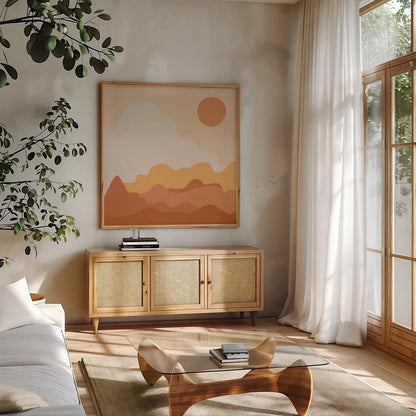 Mountainous I Orange by Sara Zieve Miller. Shown in a natural wood frame in a cozy modern living room. Available as an archival giclee rolled canvas, fine art paper, or poster print. SKU 70261a.