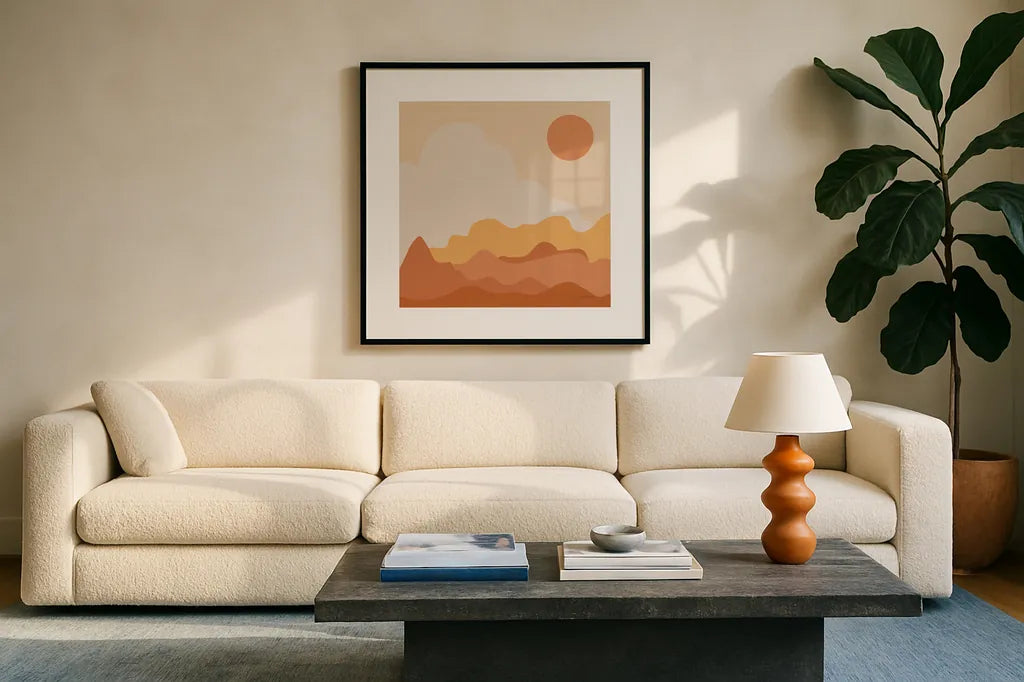 Mountainous I Orange by Sara Zieve Miller. Displayed in a glass frame with matte in a clean modern living room. Available as an archival giclee rolled canvas, fine art paper, or poster print. SKU 70261a.