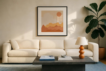 Mountainous I Orange by Sara Zieve Miller. Displayed in a glass frame with matte in a clean modern living room. Available as an archival giclee rolled canvas, fine art paper, or poster print. SKU 70261a.