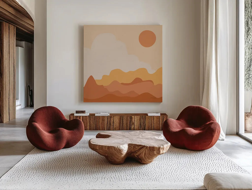 Mountainous I Orange by Sara Zieve Miller. Shown as extra-large giant wall art in a modern living room. Available as an archival giclee rolled canvas, fine art paper, or poster print. SKU 70261a.