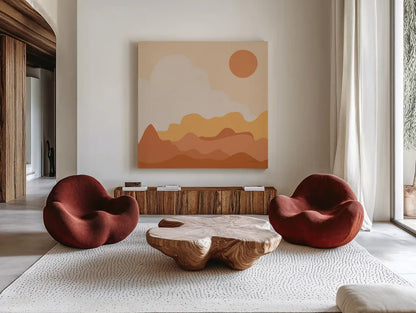 Mountainous I Orange by Sara Zieve Miller. Shown as extra-large giant wall art in a modern living room. Available as an archival giclee rolled canvas, fine art paper, or poster print. SKU 70261a.