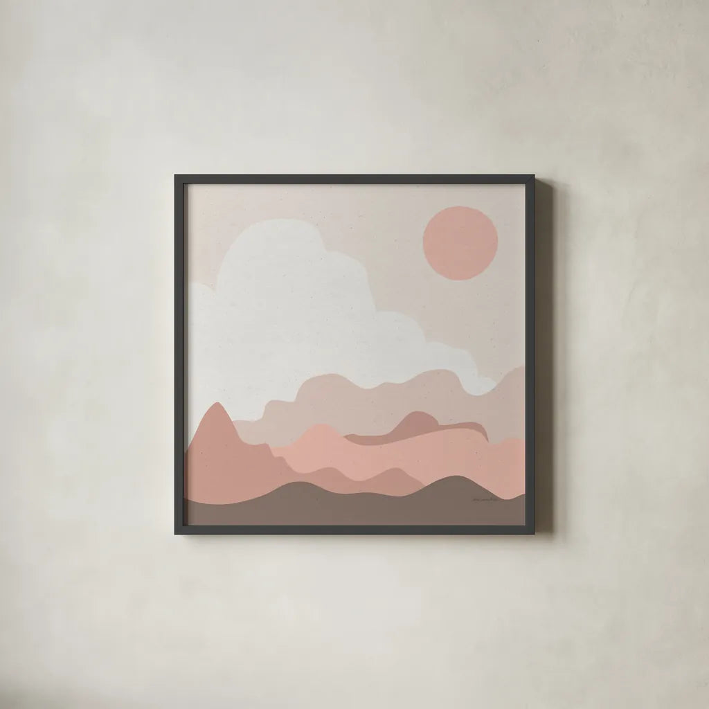 Mountainous I Pink by Sara Zieve Miller. Shown in a sleek black glass frame for a contemporary gallery look. Available as an archival giclee rolled canvas, fine art paper, or poster print. SKU 67070a.