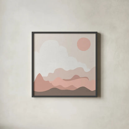 Mountainous I Pink by Sara Zieve Miller. Shown in a sleek black glass frame for a contemporary gallery look. Available as an archival giclee rolled canvas, fine art paper, or poster print. SKU 67070a.