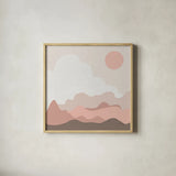 Mountainous I Pink by Sara Zieve Miller. Shown in a natural wood glass frame for a timeless modern aesthetic. Available as an archival giclee rolled canvas, fine art paper, or poster print. SKU 67070a.