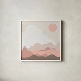 Mountainous I Pink by Sara Zieve Miller. Shown in a crisp white glass frame for a clean and minimalist style. Available as an archival giclee rolled canvas, fine art paper, or poster print. SKU 67070a.