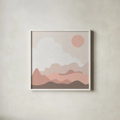 Mountainous I Pink by Sara Zieve Miller. Shown in a crisp white glass frame for a clean and minimalist style. Available as an archival giclee rolled canvas, fine art paper, or poster print. SKU 67070a.