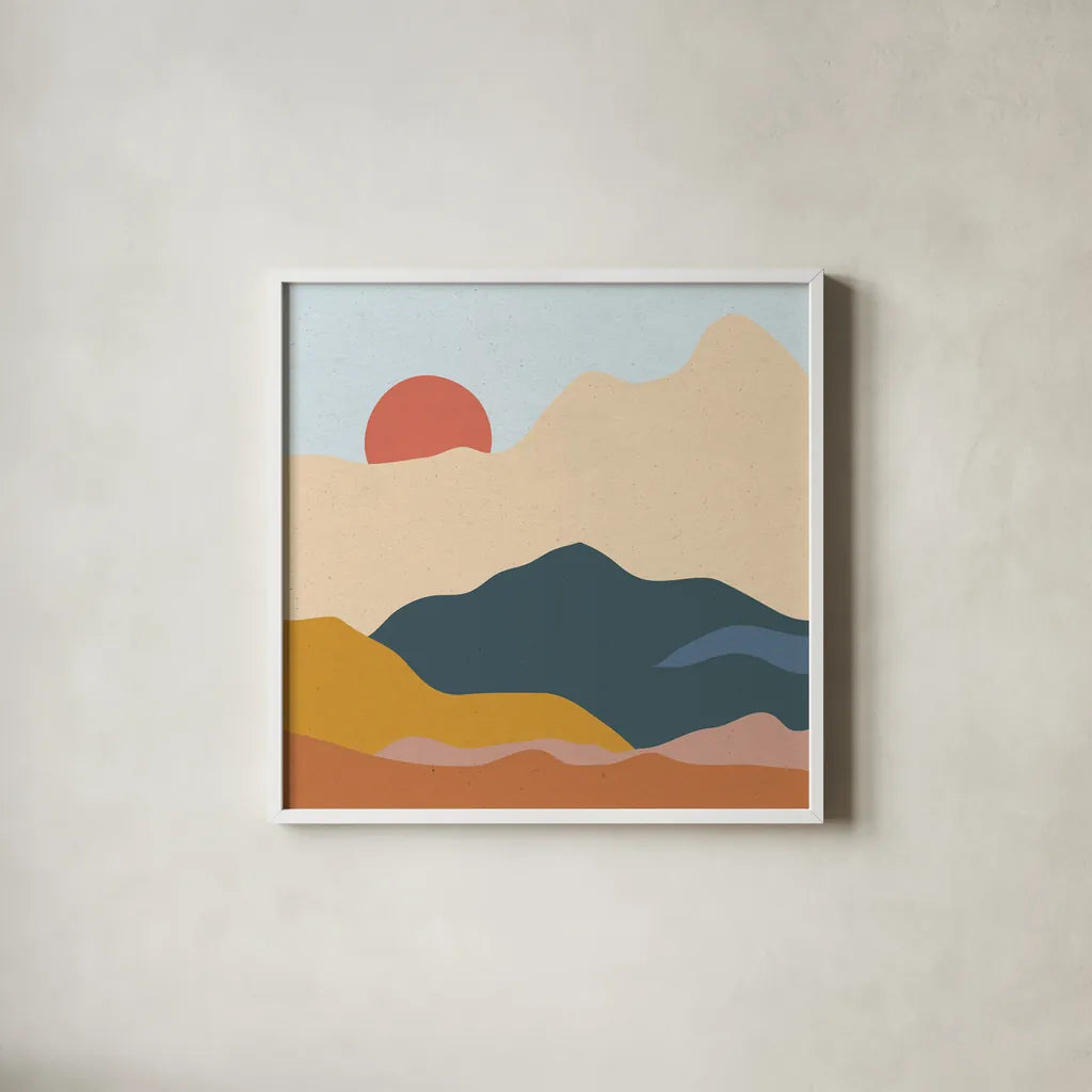 Mountainous II by Sara Zieve Miller. Shown in a crisp white glass frame for a clean and minimalist style. Available as an archival giclee rolled canvas, fine art paper, or poster print. SKU 65391a.