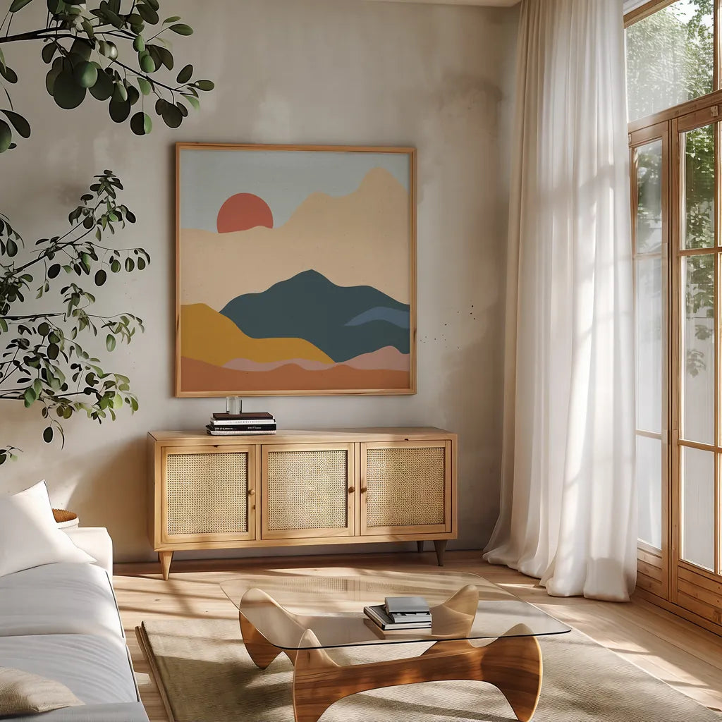 Mountainous II by Sara Zieve Miller. Shown in a natural wood frame in a cozy modern living room. Available as an archival giclee rolled canvas, fine art paper, or poster print. SKU 65391a.