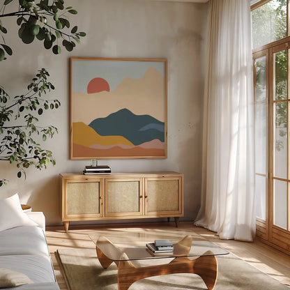 Mountainous II by Sara Zieve Miller. Shown in a natural wood frame in a cozy modern living room. Available as an archival giclee rolled canvas, fine art paper, or poster print. SKU 65391a.