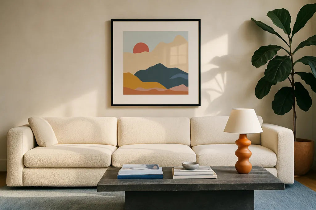Mountainous II by Sara Zieve Miller. Displayed in a glass frame with matte in a clean modern living room. Available as an archival giclee rolled canvas, fine art paper, or poster print. SKU 65391a.