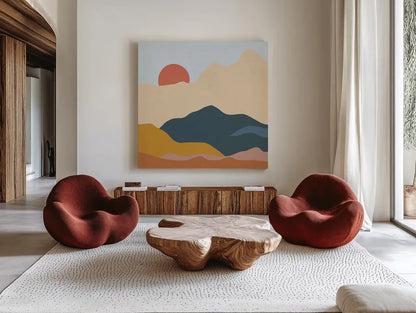 Mountainous II by Sara Zieve Miller. Shown as extra-large giant wall art in a modern living room. Available as an archival giclee rolled canvas, fine art paper, or poster print. SKU 65391a.
