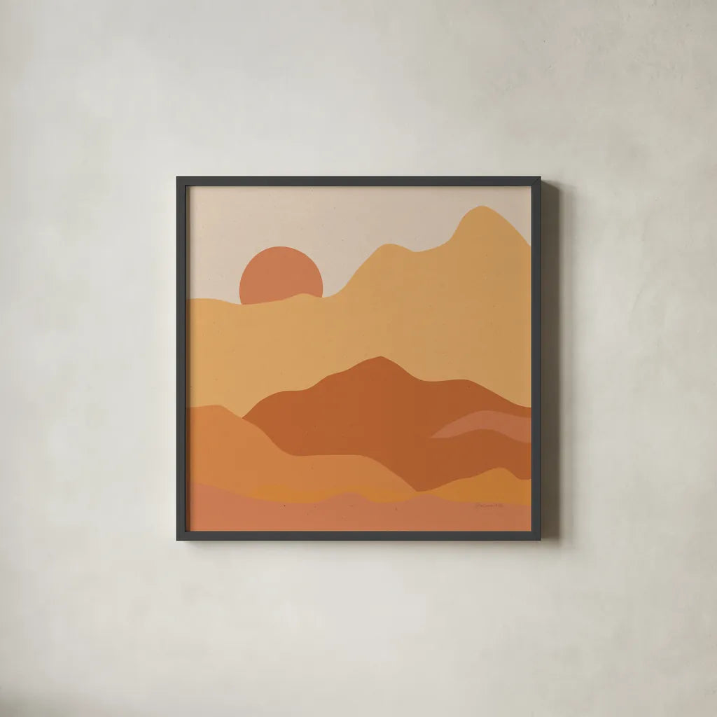 Mountainous II Orange by Sara Zieve Miller. Shown in a sleek black glass frame for a contemporary gallery look. Available as an archival giclee rolled canvas, fine art paper, or poster print. SKU 70262a.
