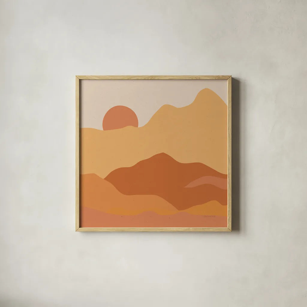 Mountainous II Orange by Sara Zieve Miller. Shown in a natural wood glass frame for a timeless modern aesthetic. Available as an archival giclee rolled canvas, fine art paper, or poster print. SKU 70262a.