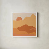 Mountainous II Orange by Sara Zieve Miller. Shown in a crisp white glass frame for a clean and minimalist style. Available as an archival giclee rolled canvas, fine art paper, or poster print. SKU 70262a.