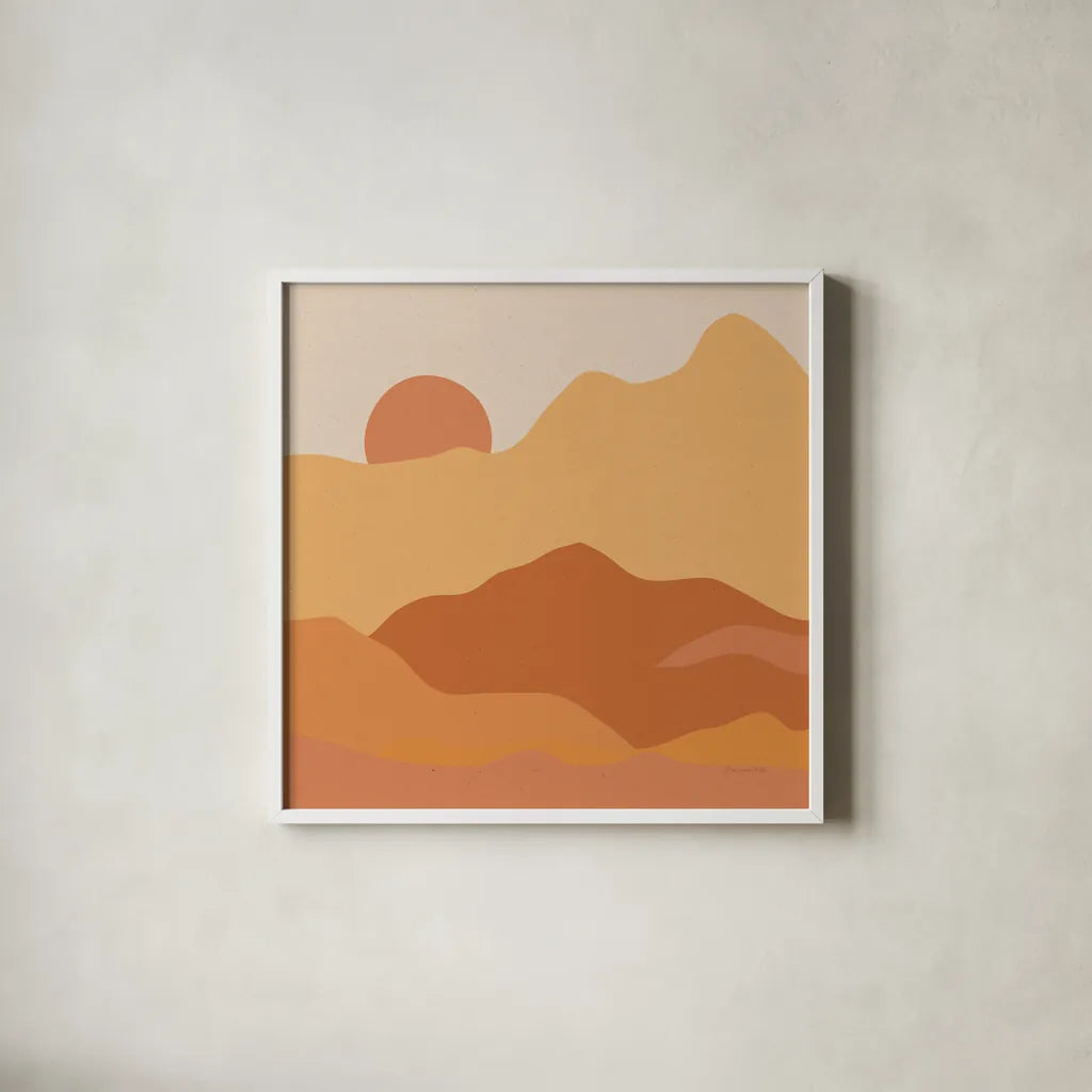 Mountainous II Orange by Sara Zieve Miller. Shown in a crisp white glass frame for a clean and minimalist style. Available as an archival giclee rolled canvas, fine art paper, or poster print. SKU 70262a.