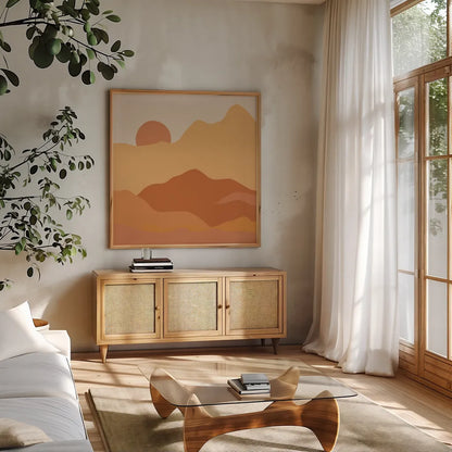 Mountainous II Orange by Sara Zieve Miller. Shown in a natural wood frame in a cozy modern living room. Available as an archival giclee rolled canvas, fine art paper, or poster print. SKU 70262a.