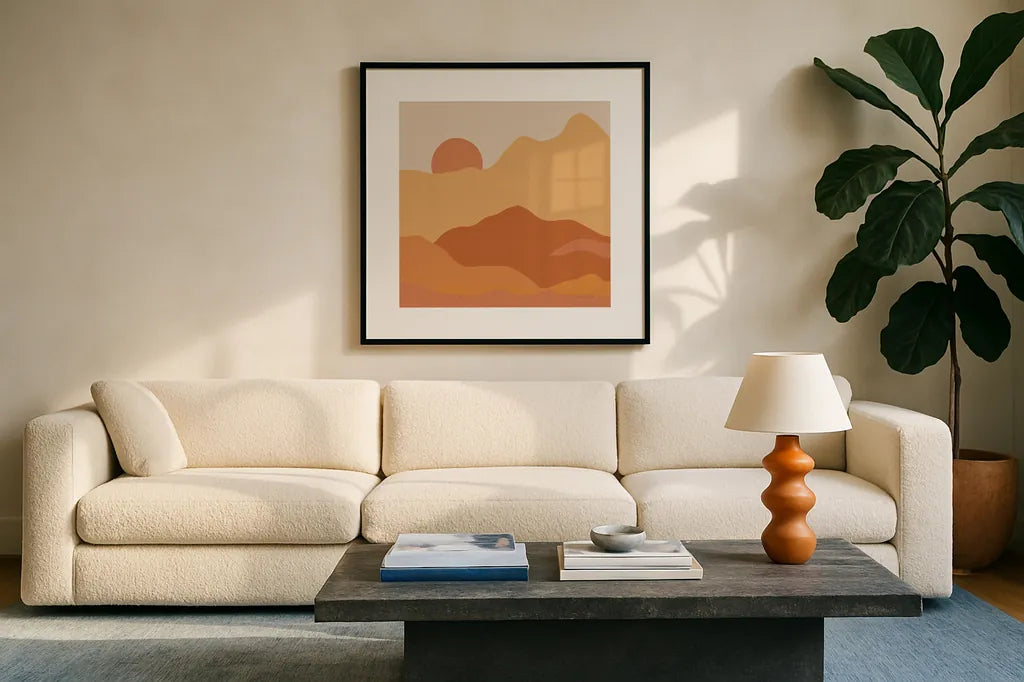 Mountainous II Orange by Sara Zieve Miller. Displayed in a glass frame with matte in a clean modern living room. Available as an archival giclee rolled canvas, fine art paper, or poster print. SKU 70262a.