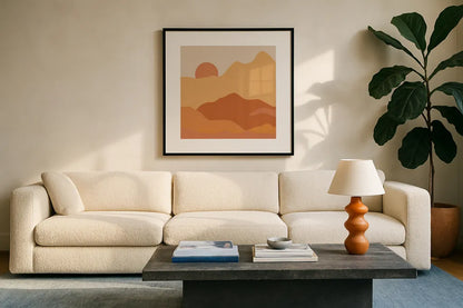 Mountainous II Orange by Sara Zieve Miller. Displayed in a glass frame with matte in a clean modern living room. Available as an archival giclee rolled canvas, fine art paper, or poster print. SKU 70262a.