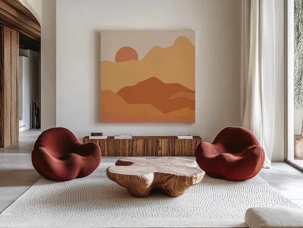 Mountainous II Orange by Sara Zieve Miller. Shown as extra-large giant wall art in a modern living room. Available as an archival giclee rolled canvas, fine art paper, or poster print. SKU 70262a.