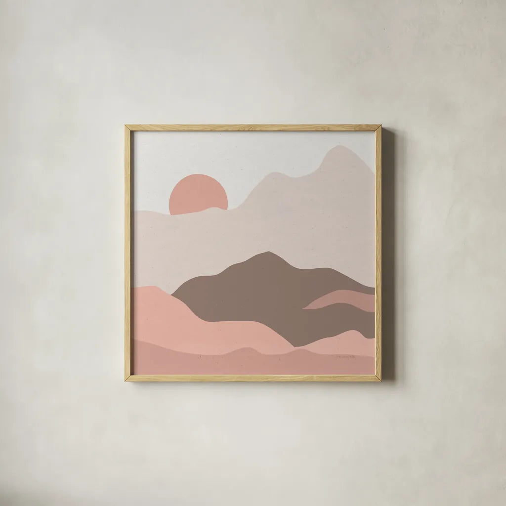 Mountainous II Pink by Sara Zieve Miller. Shown in a natural wood glass frame for a timeless modern aesthetic. Available as an archival giclee rolled canvas, fine art paper, or poster print. SKU 67071a.
