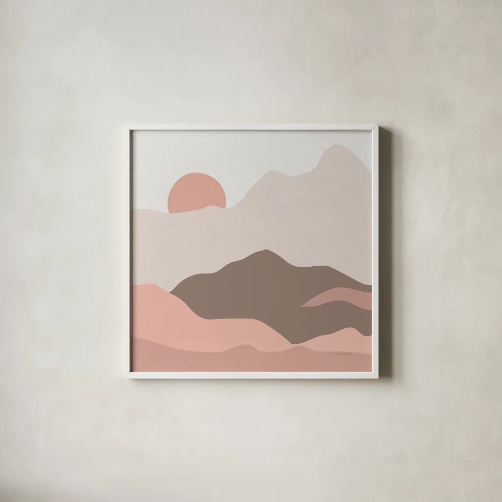 Mountainous II Pink by Sara Zieve Miller. Shown in a crisp white glass frame for a clean and minimalist style. Available as an archival giclee rolled canvas, fine art paper, or poster print. SKU 67071a.