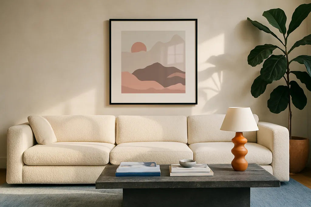 Mountainous II Pink by Sara Zieve Miller. Displayed in a glass frame with matte in a clean modern living room. Available as an archival giclee rolled canvas, fine art paper, or poster print. SKU 67071a.
