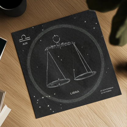 Night Sky Libra v2 by Sara Zieve Miller. Shown as a detailed flat fine art print, highlighting archival giclee quality. Available as an archival giclee rolled canvas, fine art paper, or poster print. SKU 61178a.