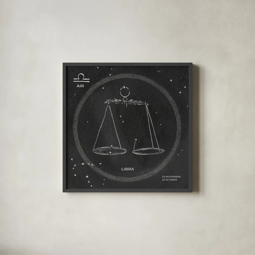 Night Sky Libra v2 by Sara Zieve Miller. Shown in a sleek black glass frame for a contemporary gallery look. Available as an archival giclee rolled canvas, fine art paper, or poster print. SKU 61178a.