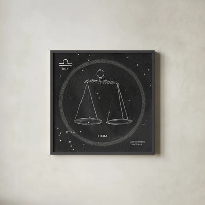 Night Sky Libra v2 by Sara Zieve Miller. Shown in a sleek black glass frame for a contemporary gallery look. Available as an archival giclee rolled canvas, fine art paper, or poster print. SKU 61178a.