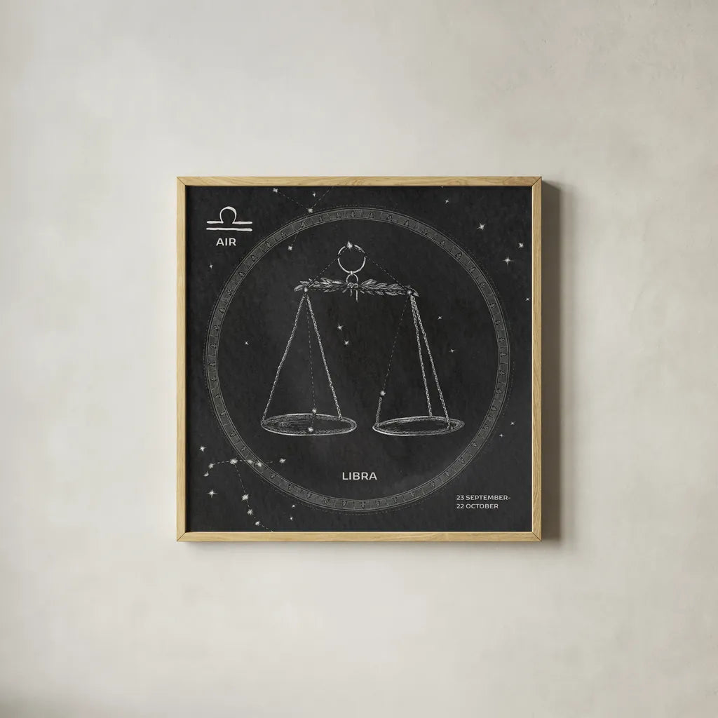 Night Sky Libra v2 by Sara Zieve Miller. Shown in a natural wood glass frame for a timeless modern aesthetic. Available as an archival giclee rolled canvas, fine art paper, or poster print. SKU 61178a.