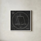 Night Sky Libra v2 by Sara Zieve Miller. Shown in a crisp white glass frame for a clean and minimalist style. Available as an archival giclee rolled canvas, fine art paper, or poster print. SKU 61178a.