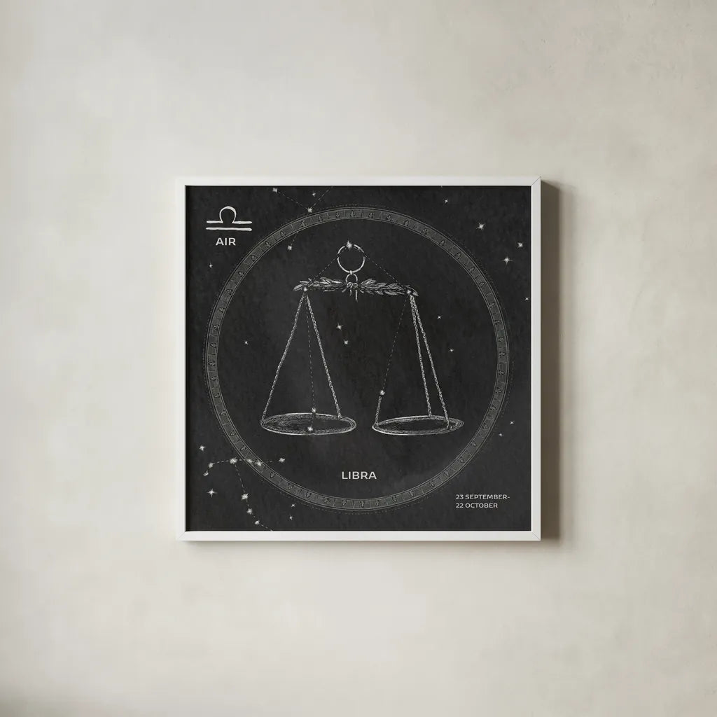 Night Sky Libra v2 by Sara Zieve Miller. Shown in a crisp white glass frame for a clean and minimalist style. Available as an archival giclee rolled canvas, fine art paper, or poster print. SKU 61178a.