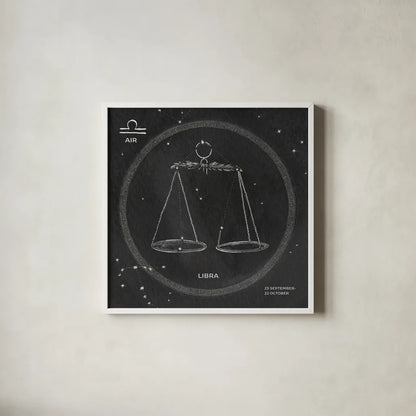 Night Sky Libra v2 by Sara Zieve Miller. Shown in a crisp white glass frame for a clean and minimalist style. Available as an archival giclee rolled canvas, fine art paper, or poster print. SKU 61178a.