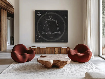 Night Sky Libra v2 by Sara Zieve Miller. Shown as extra-large giant wall art in a modern living room. Available as an archival giclee rolled canvas, fine art paper, or poster print. SKU 61178a.