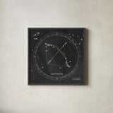 Night Sky Sagittarius v2 by Sara Zieve Miller. Shown in a sleek black glass frame for a contemporary gallery look. Available as an archival giclee rolled canvas, fine art paper, or poster print. SKU 61179a.