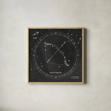 Night Sky Sagittarius v2 by Sara Zieve Miller. Shown in a natural wood glass frame for a timeless modern aesthetic. Available as an archival giclee rolled canvas, fine art paper, or poster print. SKU 61179a.