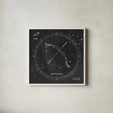 Night Sky Sagittarius v2 by Sara Zieve Miller. Shown in a crisp white glass frame for a clean and minimalist style. Available as an archival giclee rolled canvas, fine art paper, or poster print. SKU 61179a.