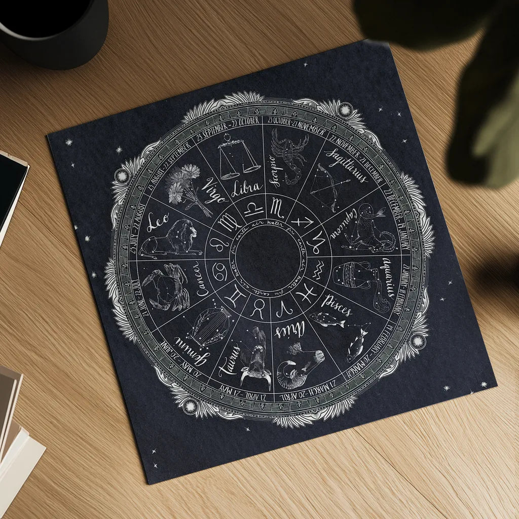 Night Sky Zodiac by Sara Zieve Miller. Shown as a detailed flat fine art print, highlighting archival giclee quality. Available as an archival giclee rolled canvas, fine art paper, or poster print. SKU 21256a.